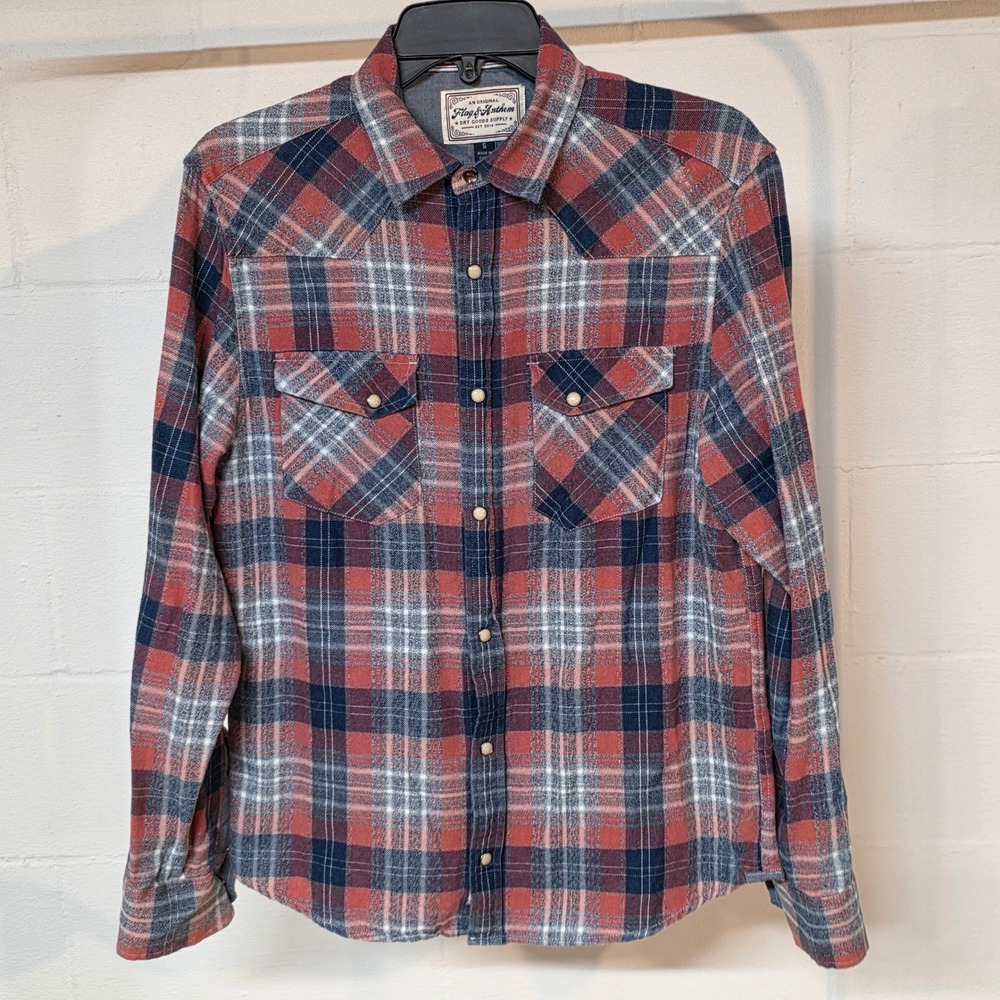 Flag &‎ Anthem Mens Small Red Navy Blue Plaid Western Snap Front Shirt